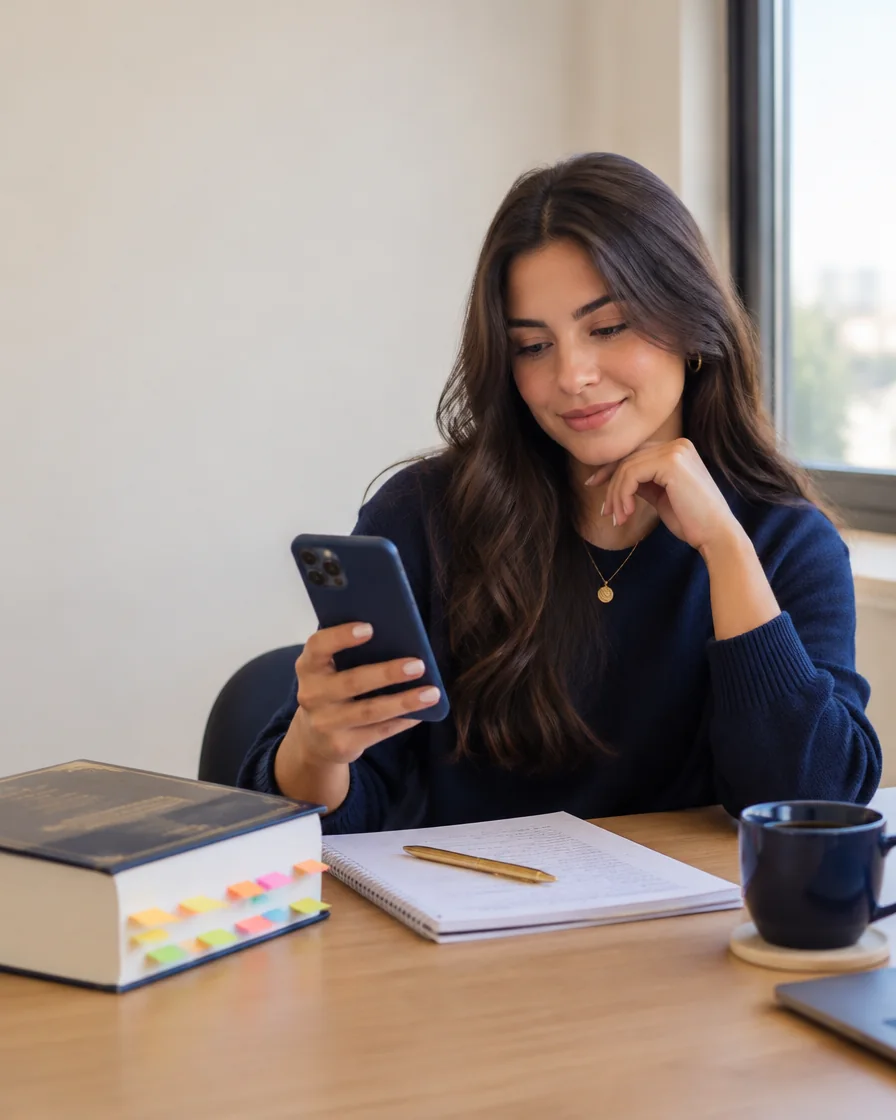 Estudante de Direito estudando pelo celular, com o Vade Mecum na mesa