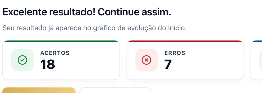 Resultado do simulado com acertos e erros